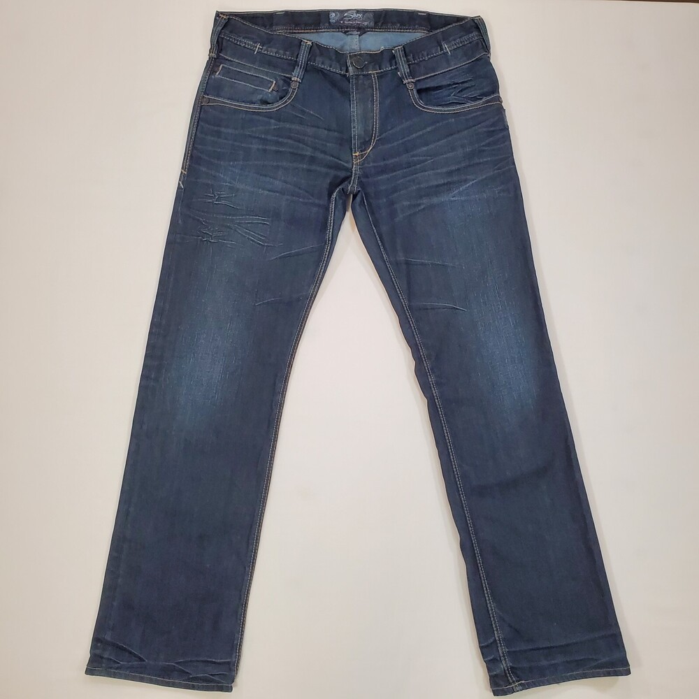 Silver Jeans Nash Mens 35x33 Regular Straight Rinse Denim Stretch Waxed Whiskers